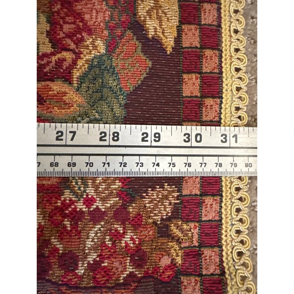 Vintage Woven Harvest Tapestry Table Runner Fruit Cornucopia Lace Trim 31x36